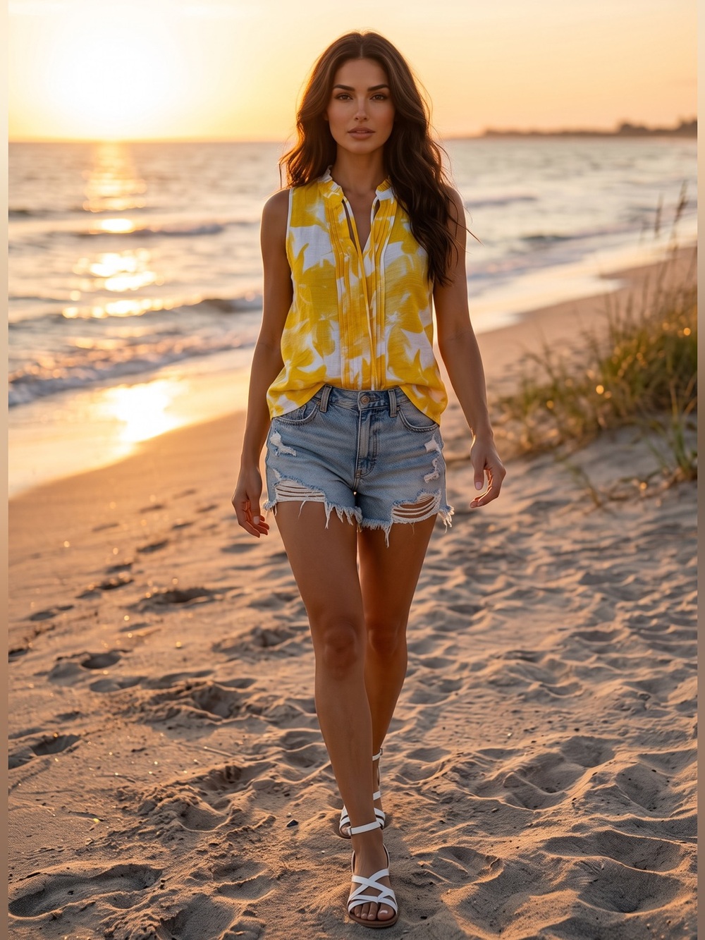 Simply Vera Vera Wang Yellow and White Sleeveless Pintuck Blouse